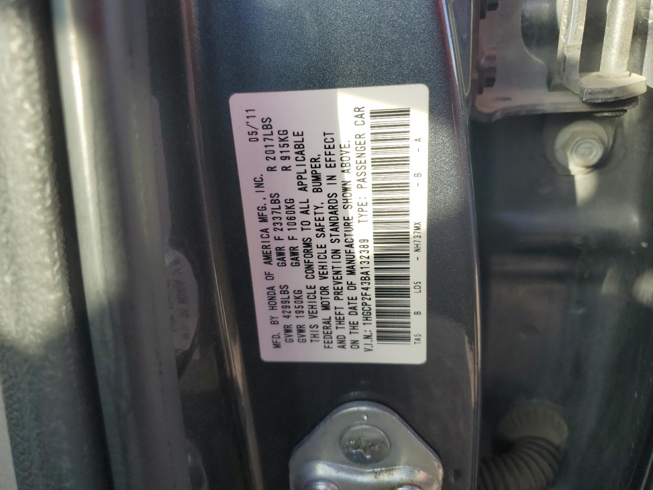 1HGCP2F43BA132389 2011 Honda Accord Lxp