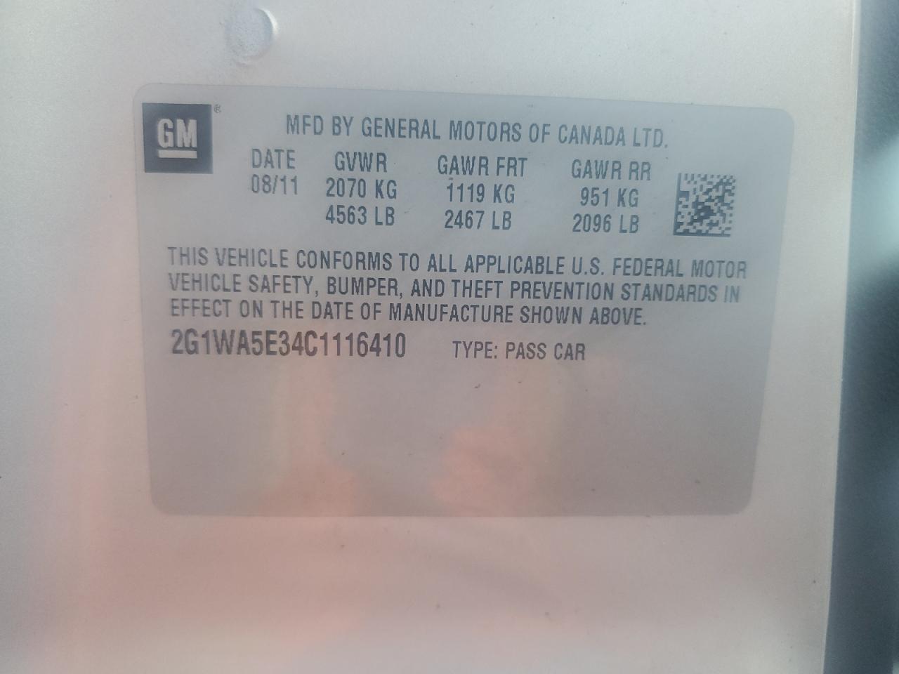 2012 Chevrolet Impala Ls VIN: 2G1WA5E34C1116410 Lot: 75188094