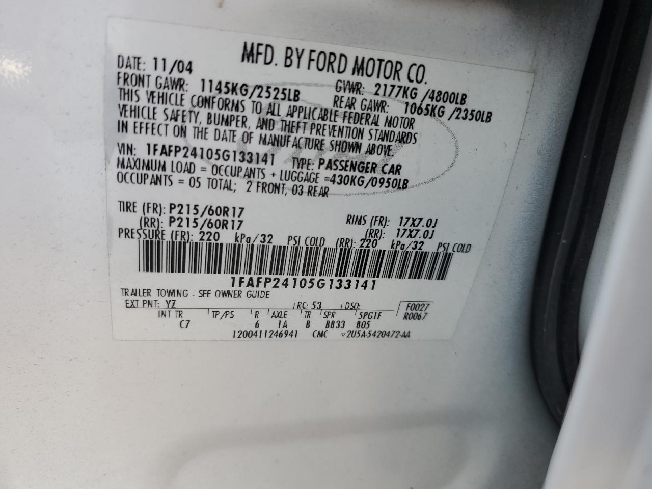 1FAFP24105G133141 2005 Ford Five Hundred Sel