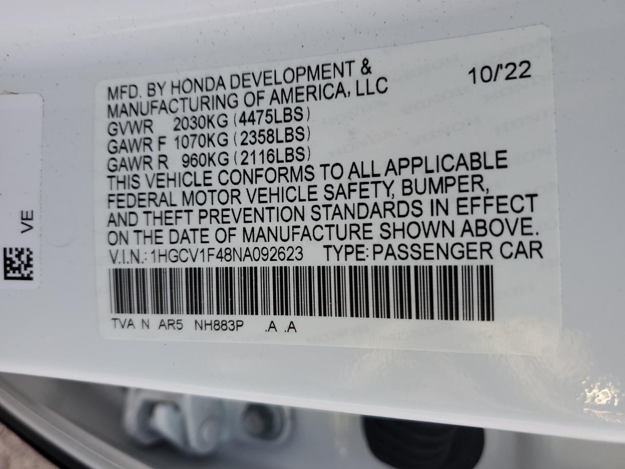 2022 Honda Accord Sport Se VIN: 1HGCV1F48NA092623 Lot: 76194414