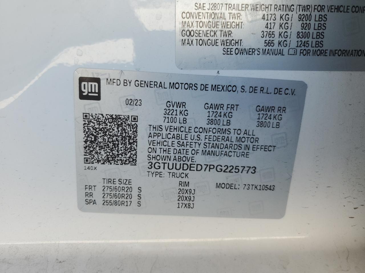 2023 GMC Sierra K1500 Slt VIN: 3GTUUDED7PG225773 Lot: 76053144