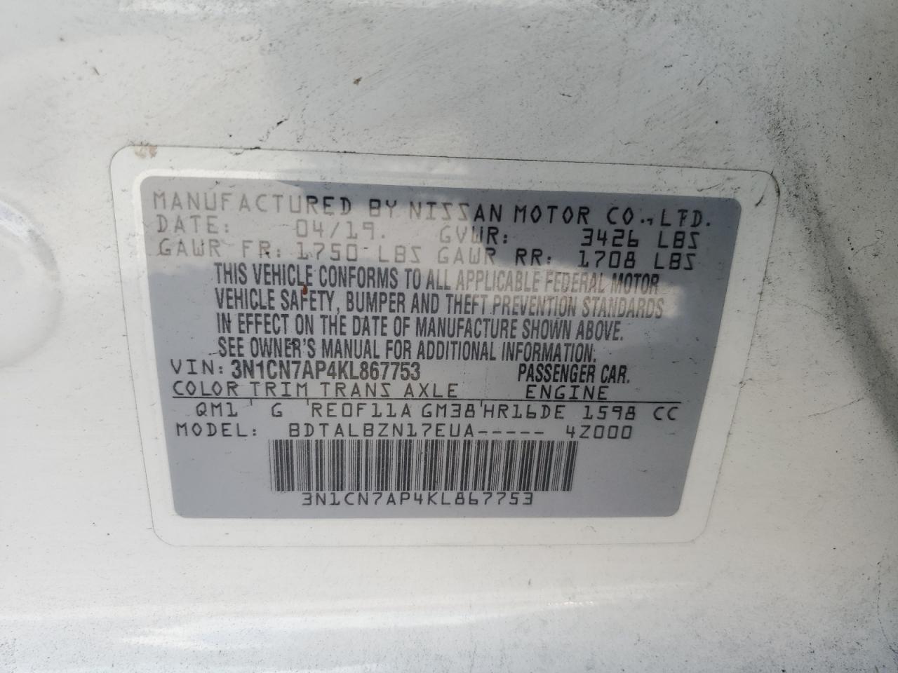 VIN 3N1CN7AP4KL867753 2019 NISSAN VERSA no.13