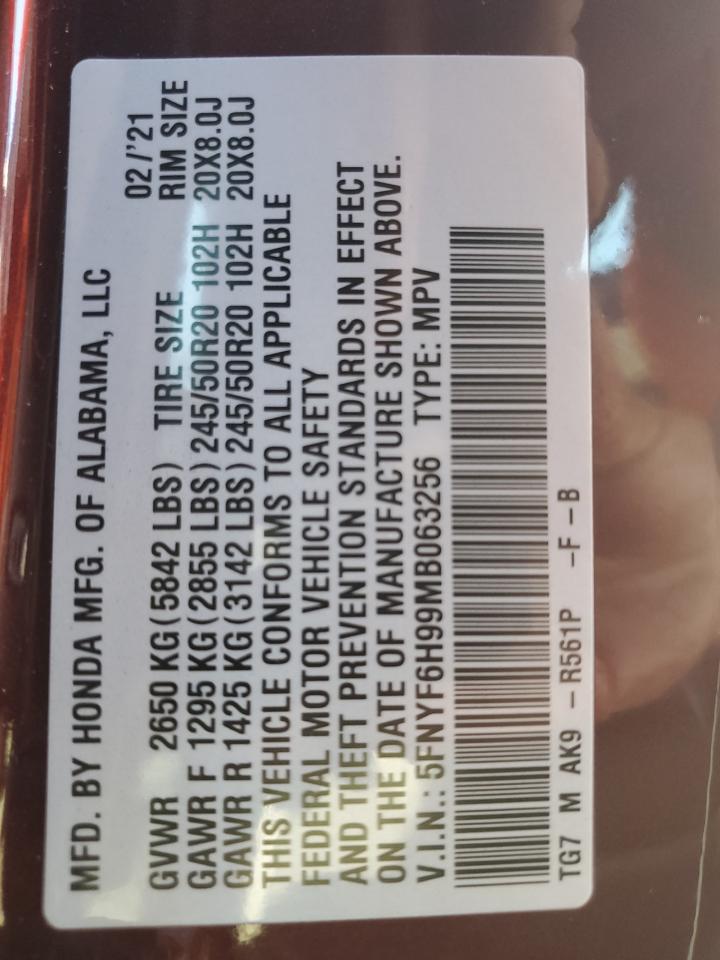 2021 Honda Pilot Touring VIN: 5FNYF6H99MB063256 Lot: 74504444