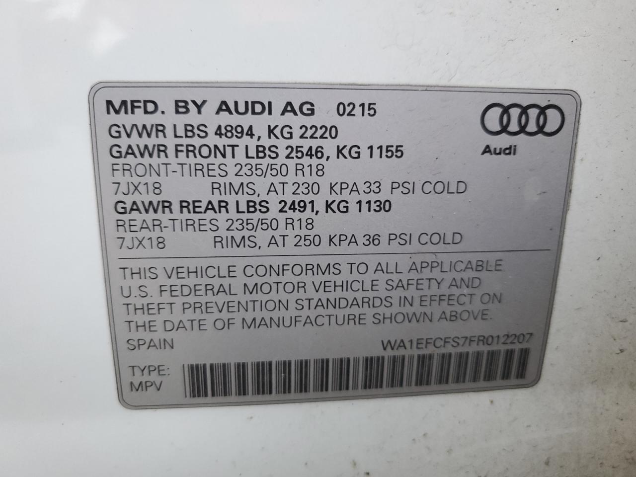 2015 Audi Q3 Premium Plus VIN: WA1EFCFS7FR012207 Lot: 77494284