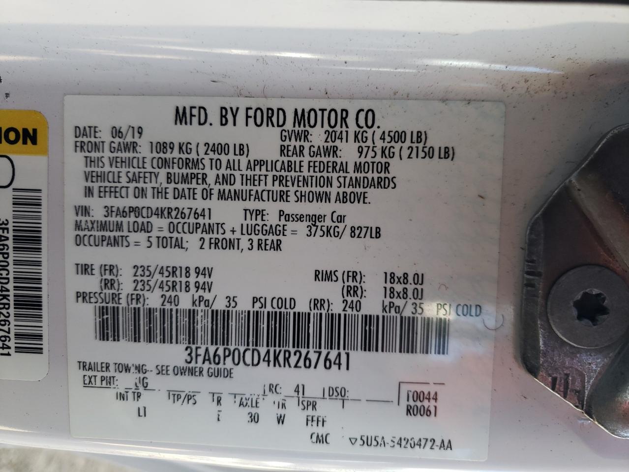 3FA6P0CD4KR267641 2019 Ford Fusion Sel