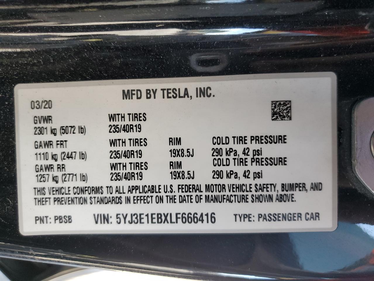 2020 Tesla Model 3 VIN: 5YJ3E1EBXLF666416 Lot: 75551384