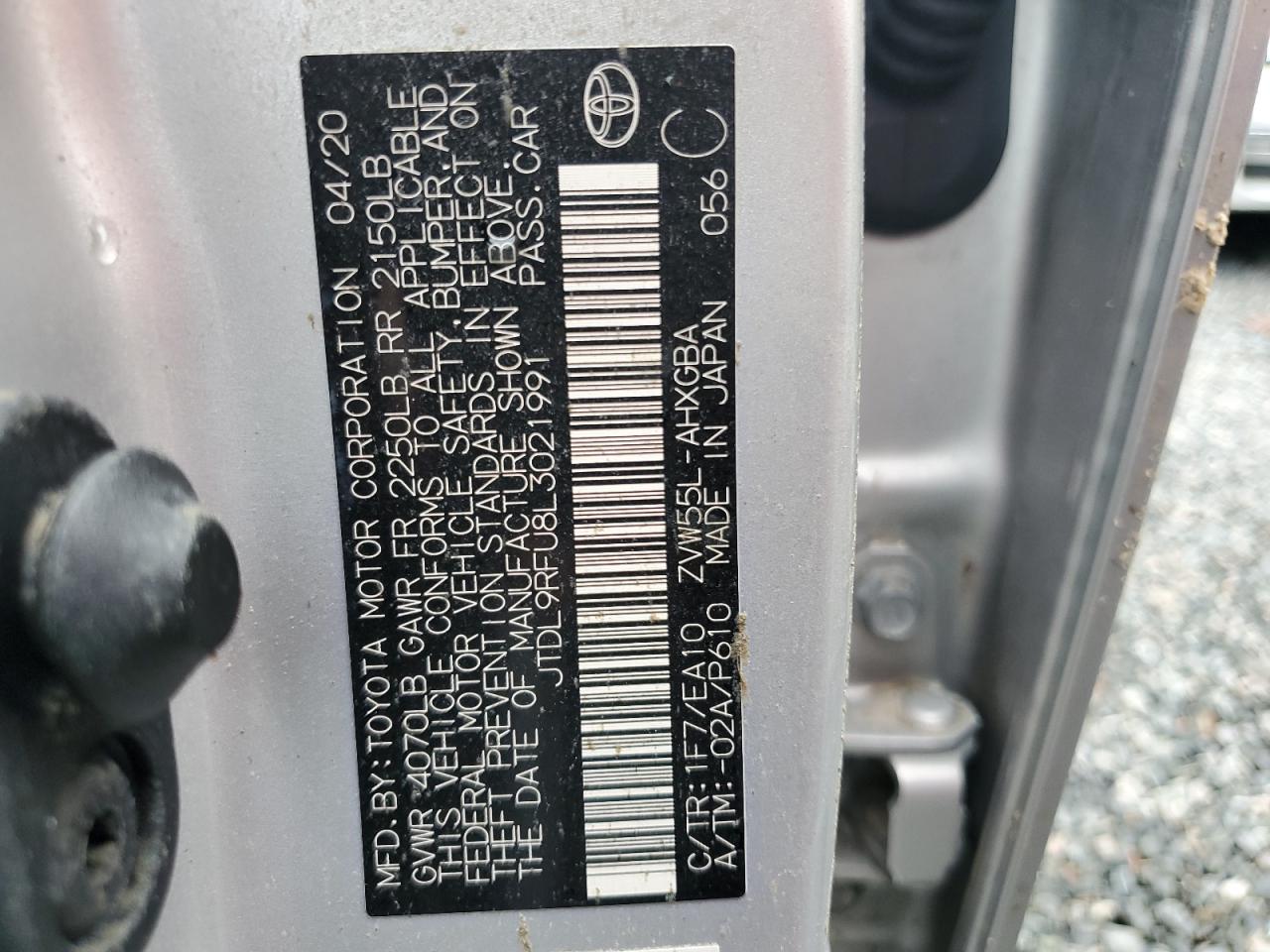 2020 Toyota Prius Le VIN: JTDL9RFU8L3021991 Lot: 74567864