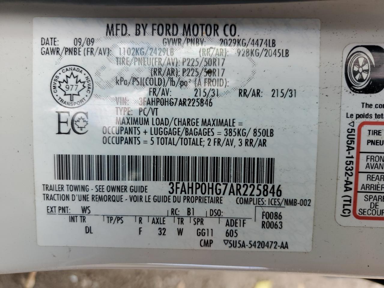 2010 Ford Fusion Se VIN: 3FAHP0HG7AR225846 Lot: 70454104