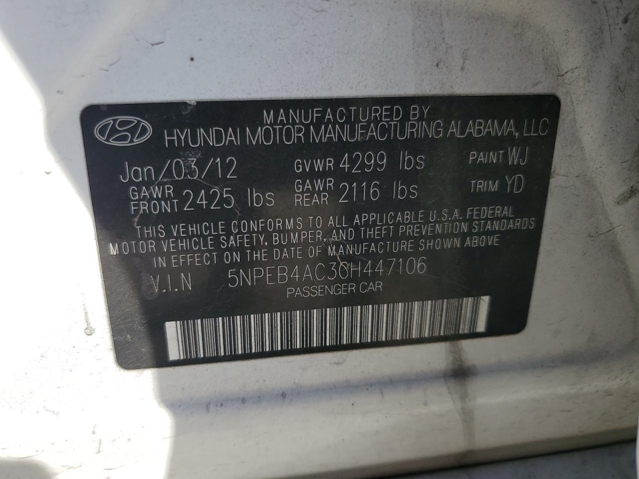 5NPEB4AC3CH447106 2012 Hyundai Sonata Gls