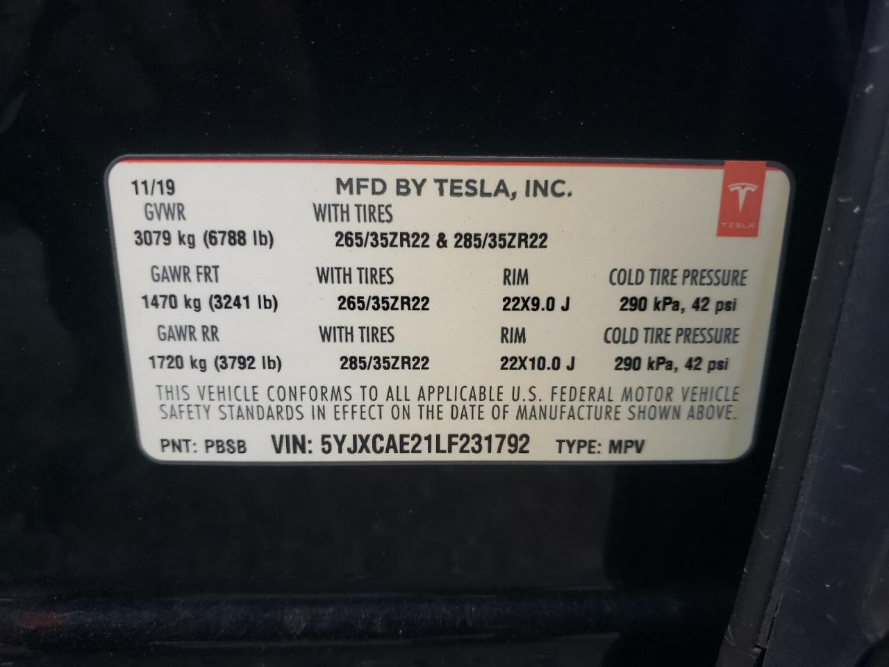 2020 Tesla Model X VIN: 5YJXCAE21LF231792 Lot: 77272104