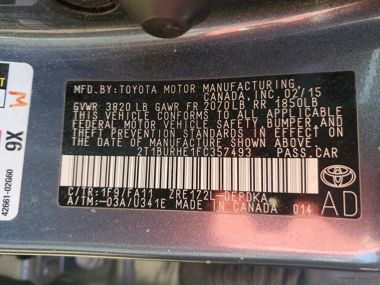 2015 Toyota Corolla L VIN: 2T1BURHE1FC357493 Lot: 77936054