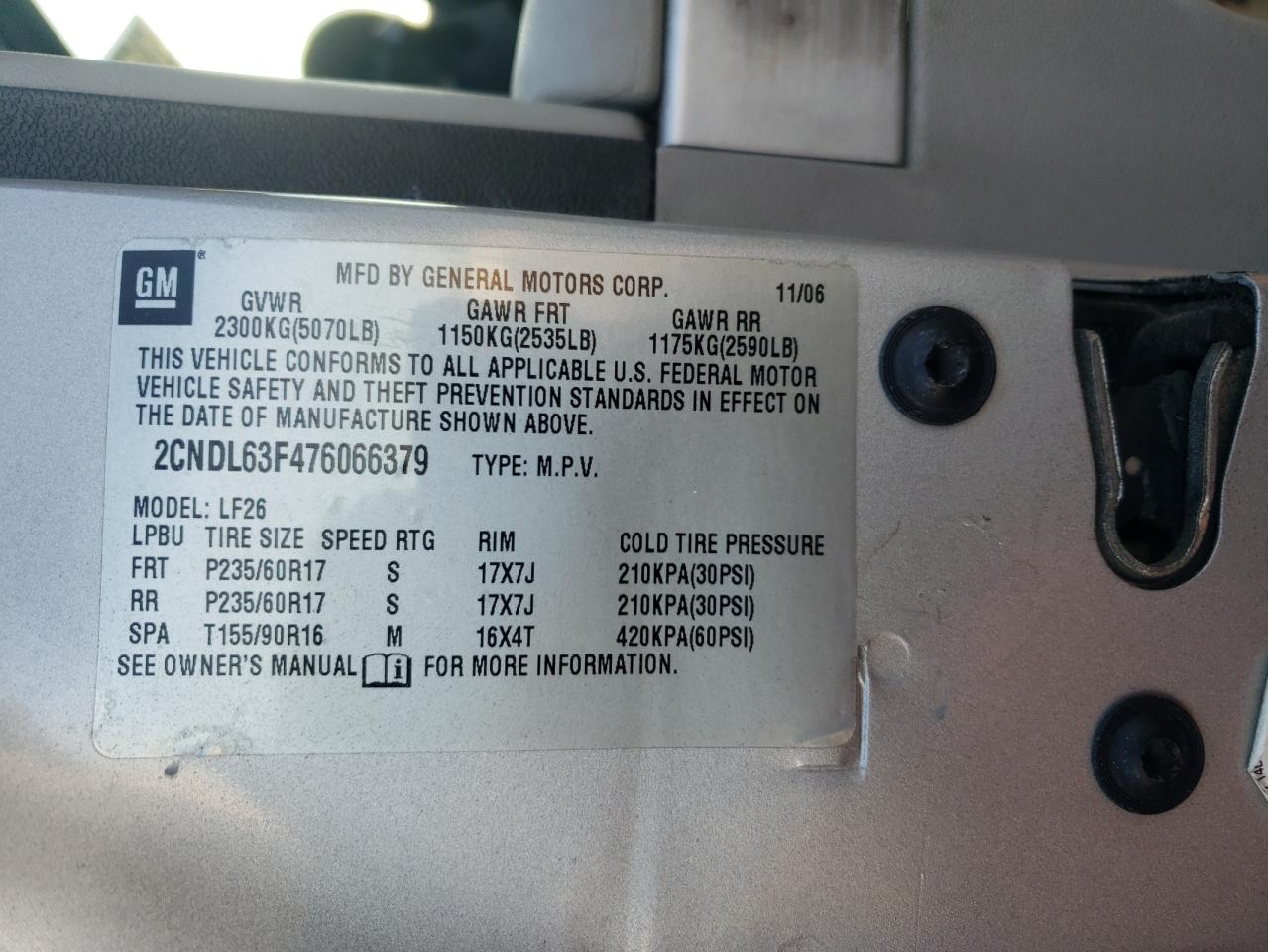 2CNDL63F476066379 2007 Chevrolet Equinox Lt