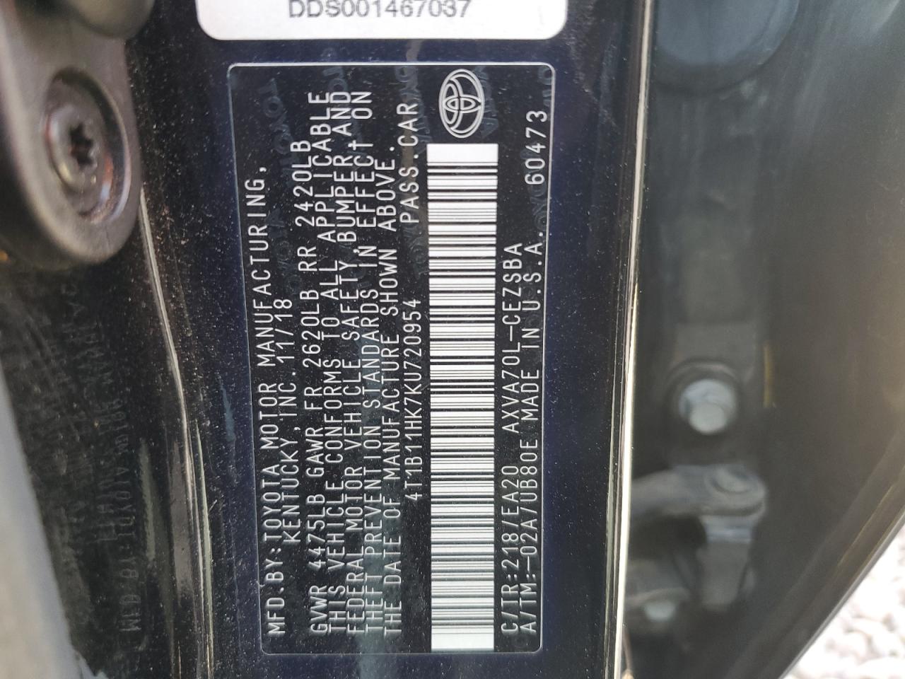 4T1B11HK7KU720954 2019 Toyota Camry L