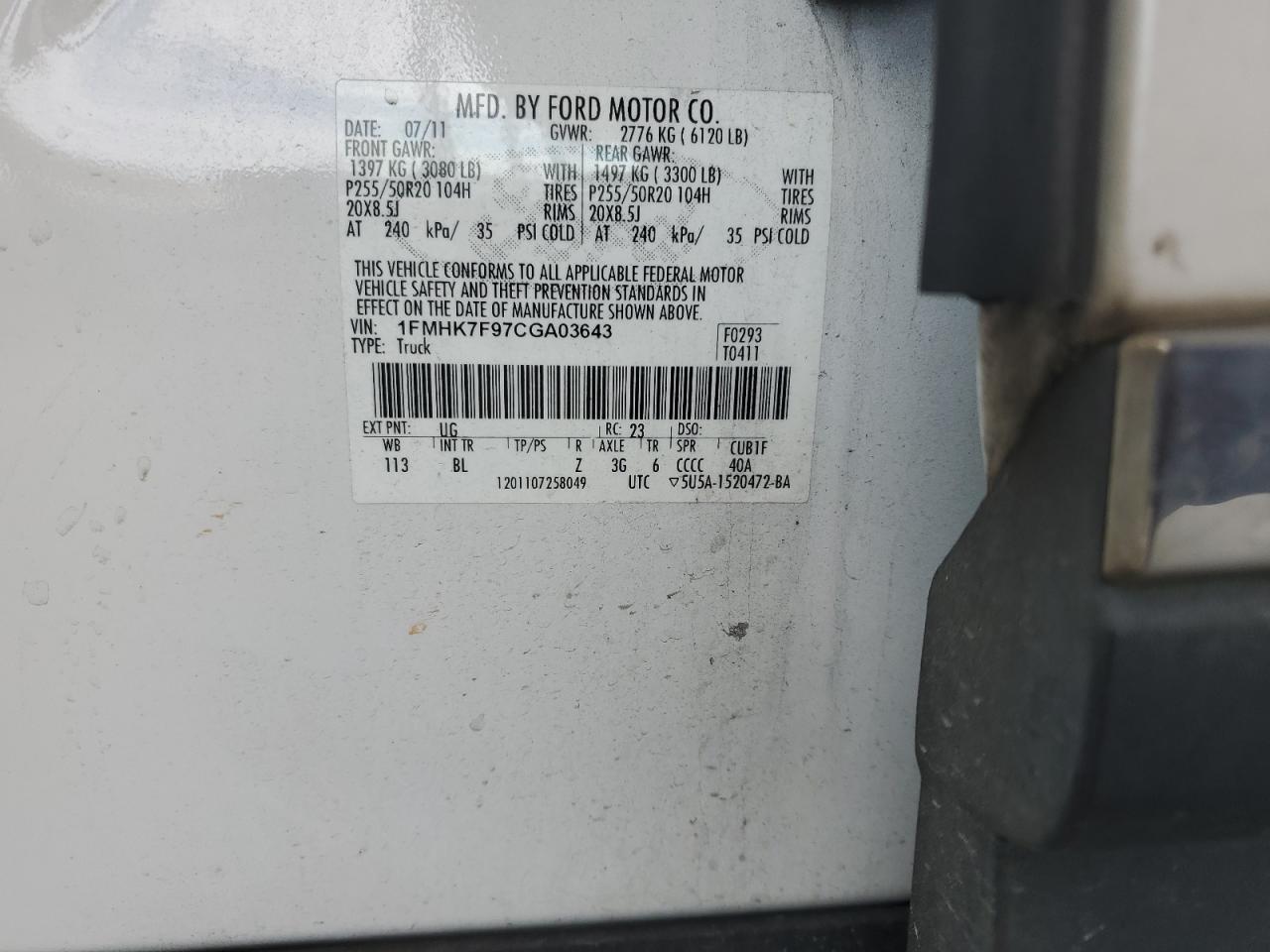 2012 Ford Explorer Limited VIN: 1FMHK7F97CGA03643 Lot: 75562984