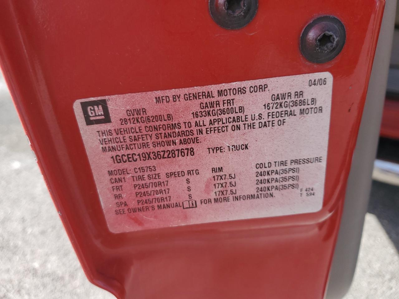 2006 Chevrolet Silverado C1500 VIN: 1GCEC19X36Z287678 Lot: 76550934