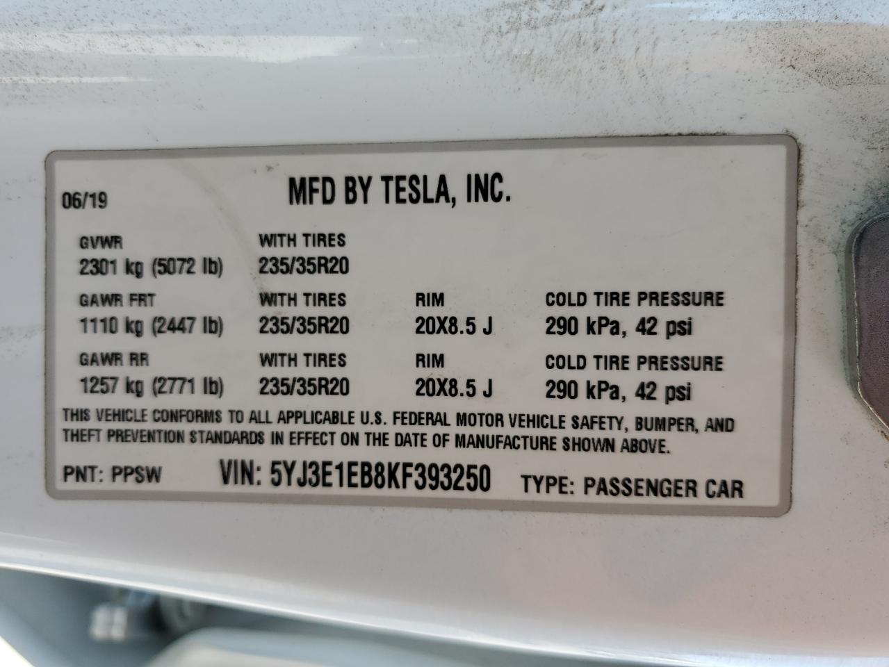 2019 Tesla Model 3 VIN: 5YJ3E1EB8KF393250 Lot: 76925094