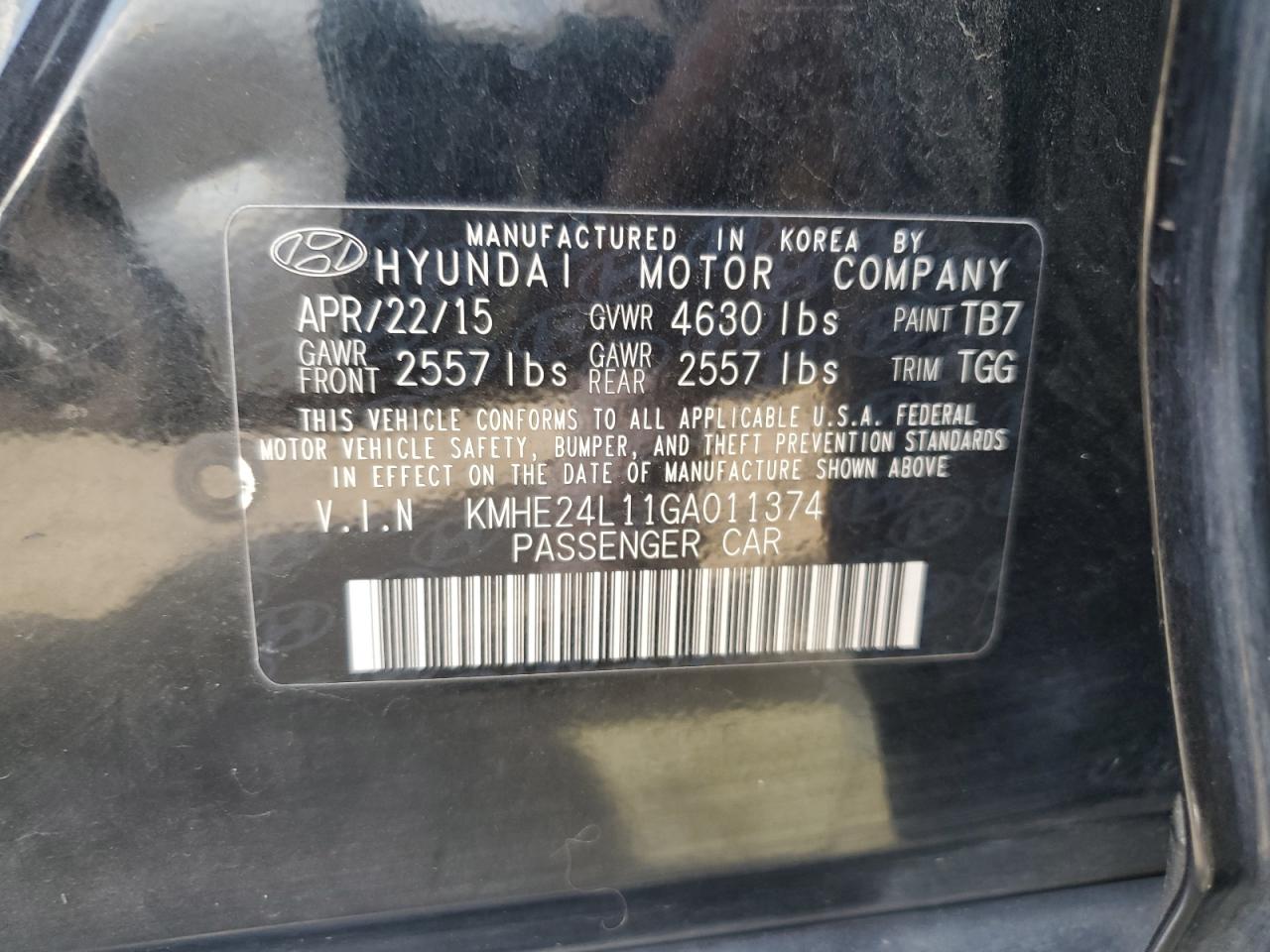 KMHE24L11GA011374 2016 Hyundai Sonata Hybrid