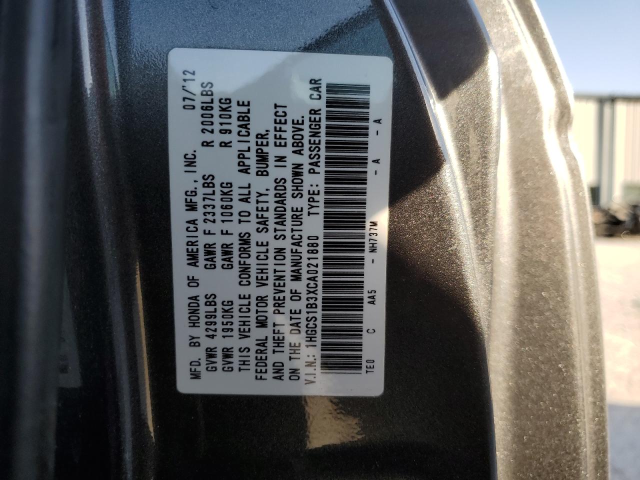 1HGCS1B3XCA021880 2012 Honda Accord Lx