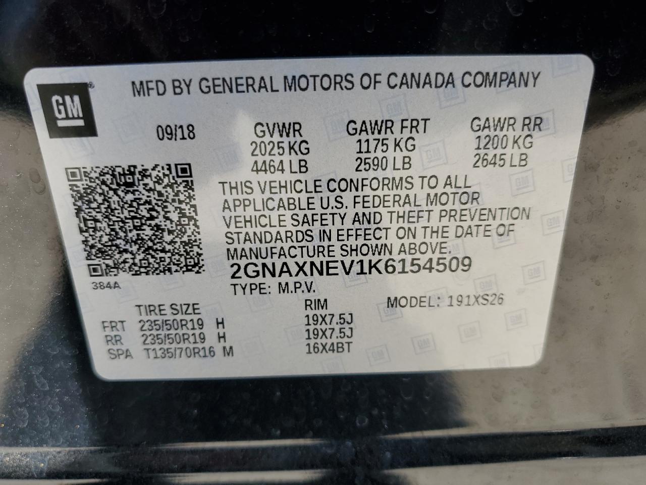 2019 Chevrolet Equinox Premier VIN: 2GNAXNEV1K6154509 Lot: 75257244