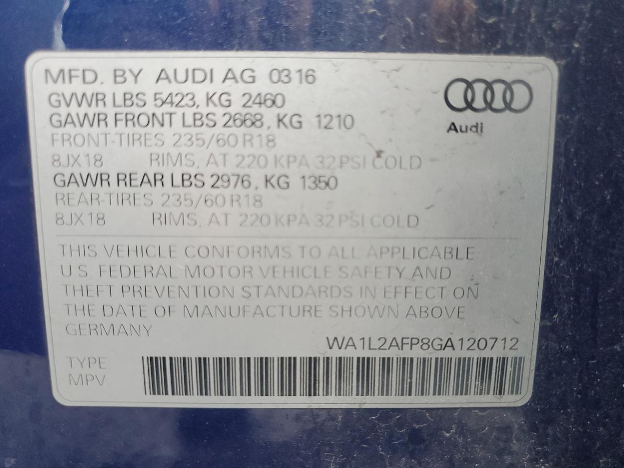 2016 Audi Q5 Premium Plus VIN: WA1L2AFP8GA120712 Lot: 75764694