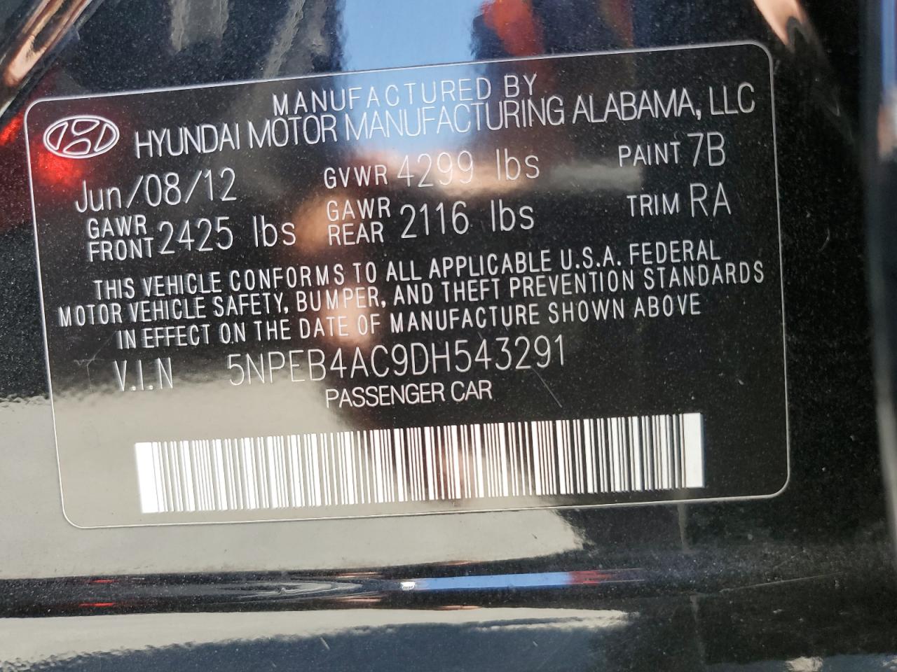 5NPEB4AC9DH543291 2013 Hyundai Sonata Gls