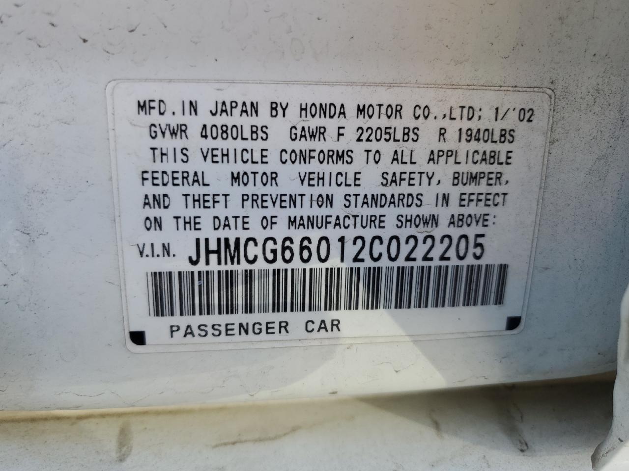 2002 Honda Accord Ex VIN: JHMCG66012C022205 Lot: 76006794