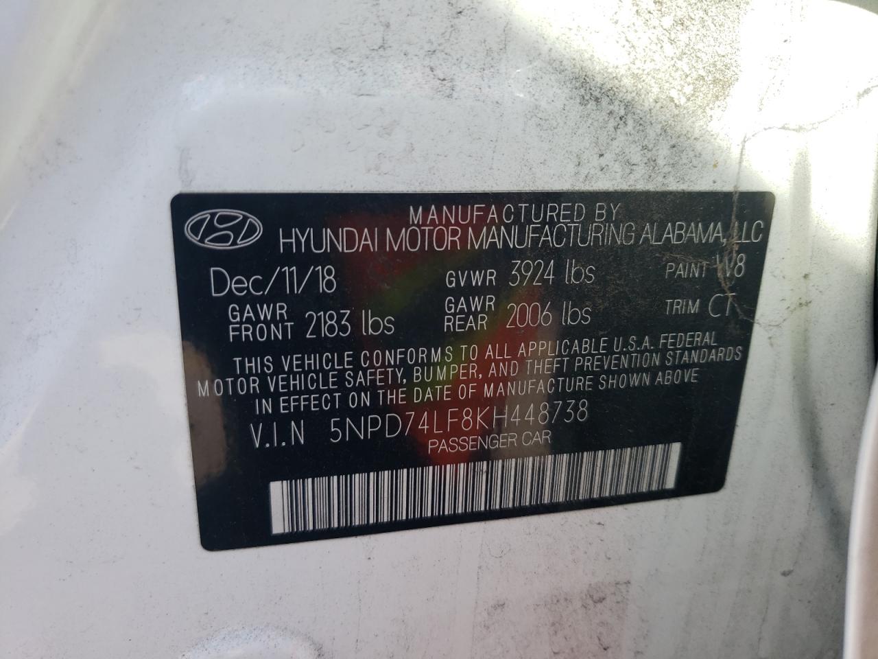 2019 Hyundai Elantra Se VIN: 5NPD74LF8KH448738 Lot: 75677924