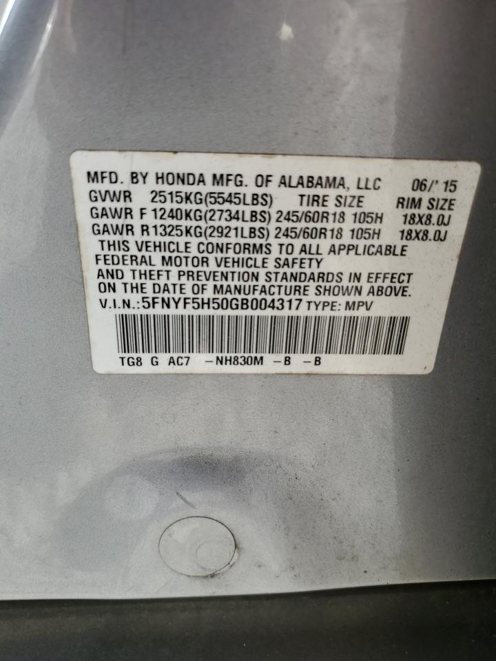 5FNYF5H50GB004317 2016 Honda Pilot Exl