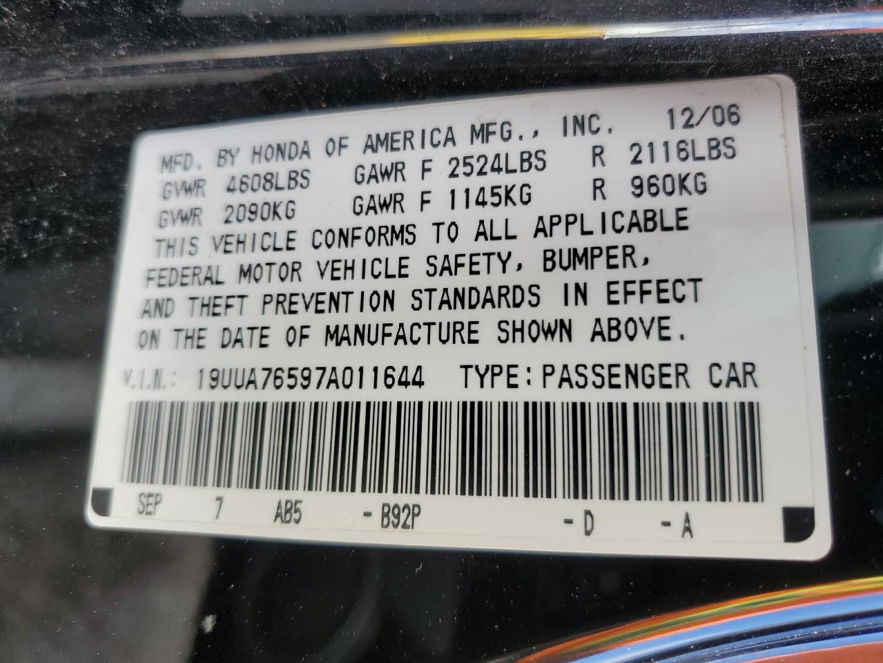 2007 Acura Tl Type S VIN: 19UUA76597A011644 Lot: 75388584