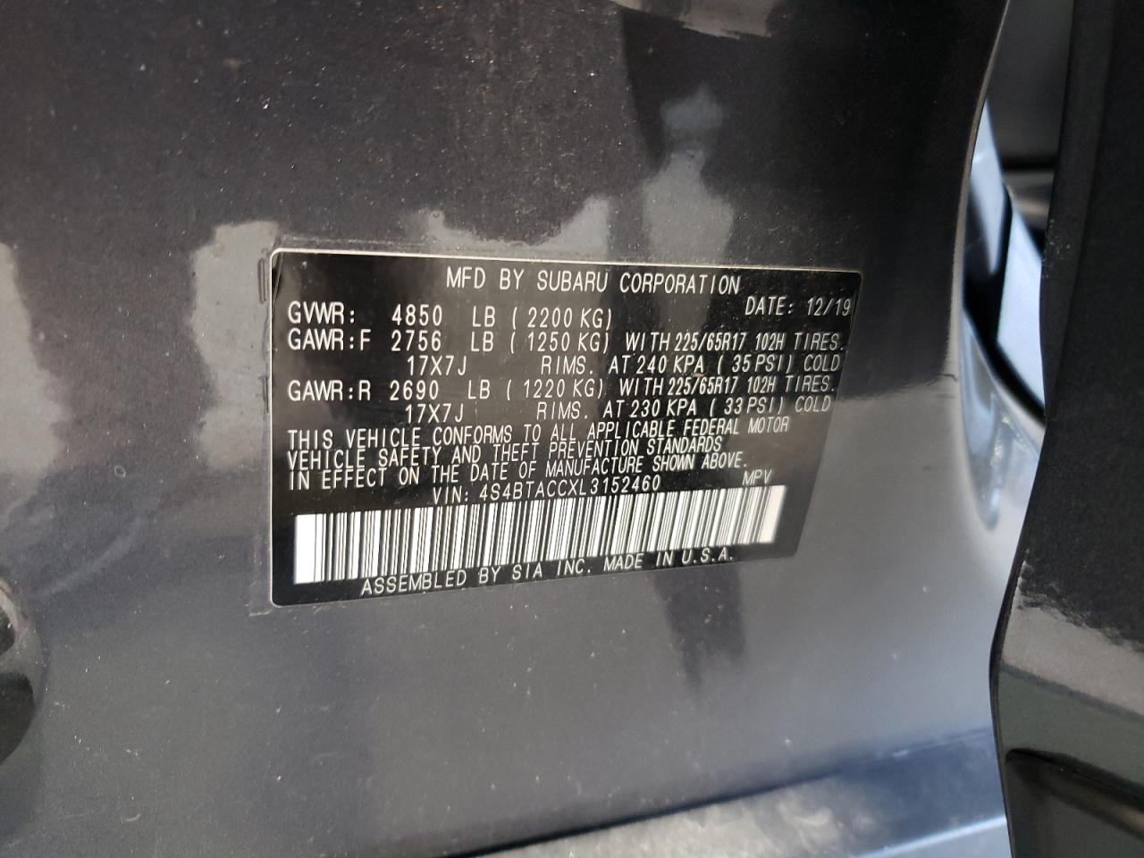 4S4BTACCXL3152460 2020 Subaru Outback Premium