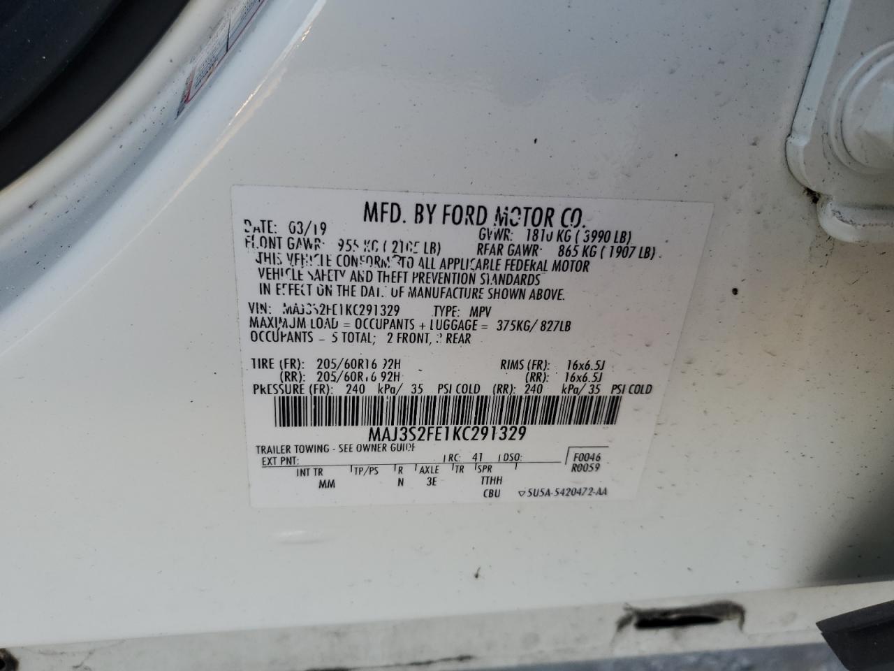 2019 Ford Ecosport S VIN: MAJ3S2FE1KC291329 Lot: 76317264