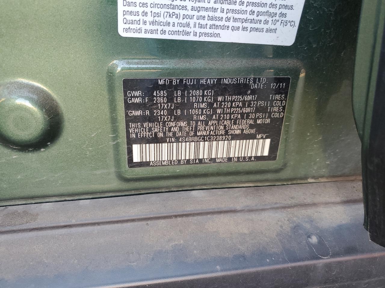 2012 Subaru Outback 2.5I Premium VIN: 4S4BRBGC1C3238920 Lot: 74710864