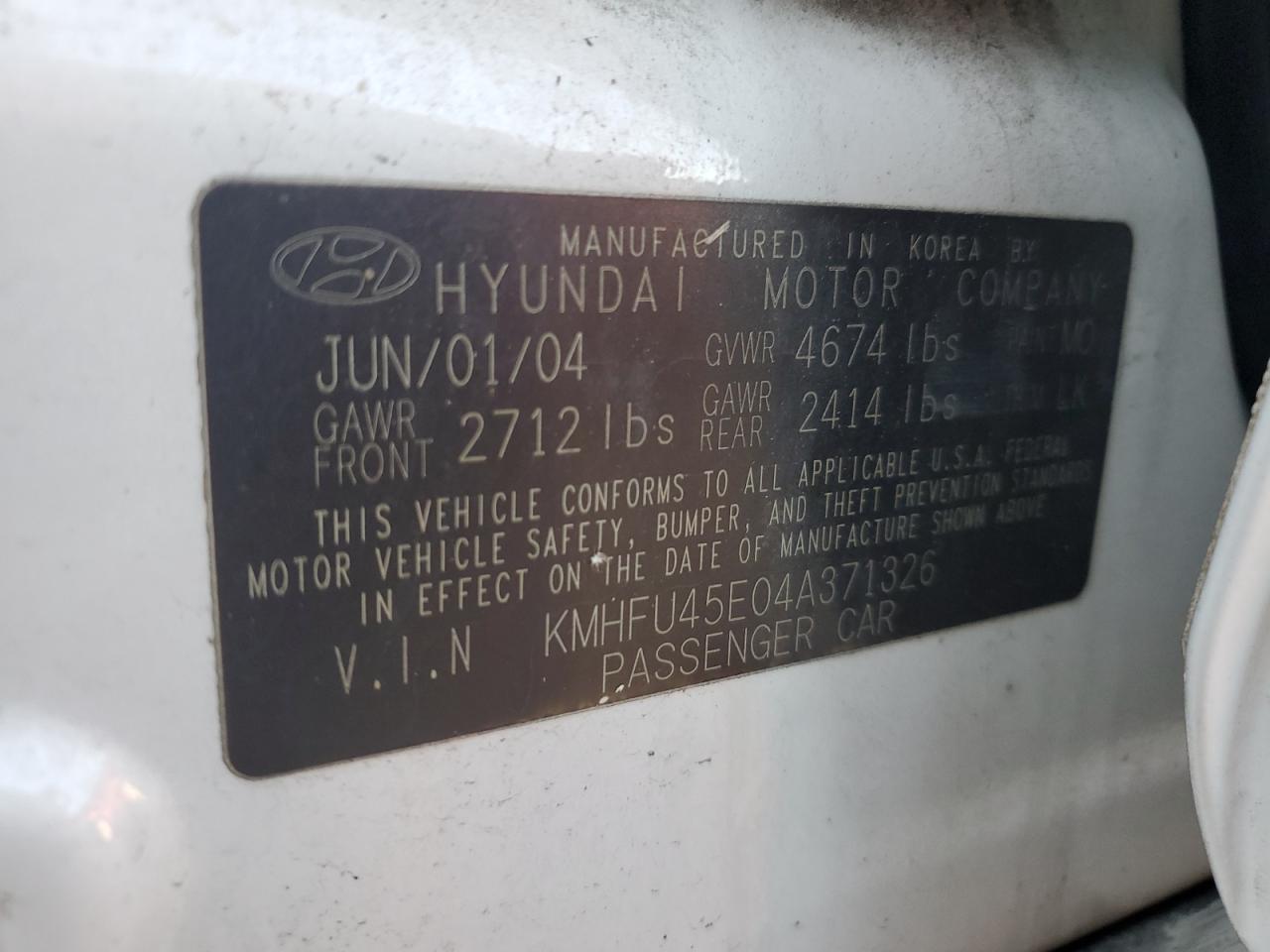 2004 Hyundai Xg 350 VIN: KMHFU45E04A371326 Lot: 76480844