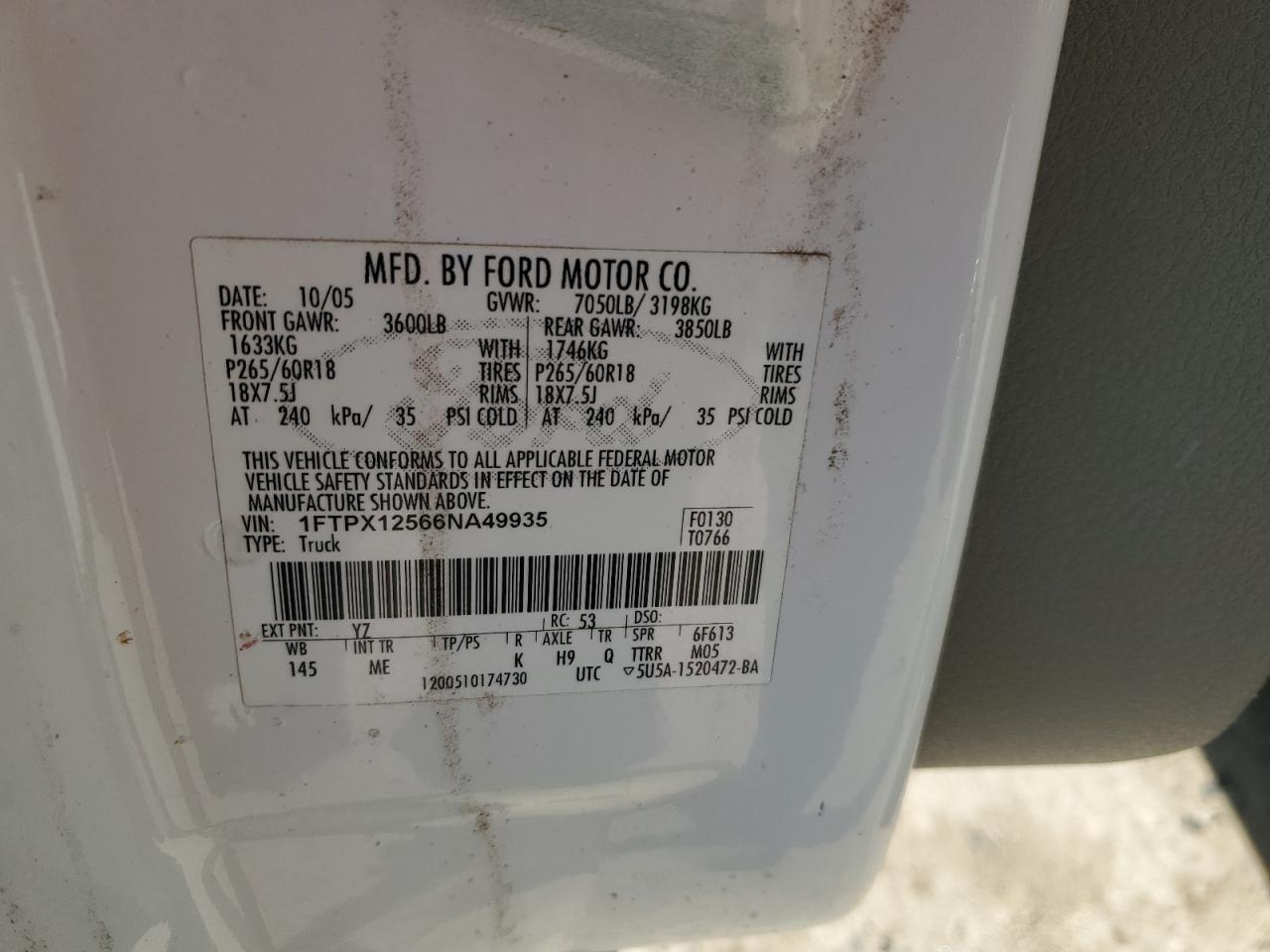 2006 Ford F150 VIN: 1FTPX12566NA49935 Lot: 76704904