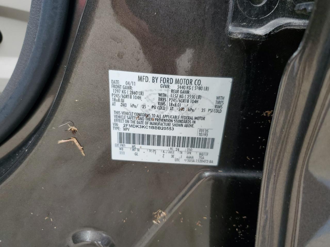 2011 Ford Edge Limited VIN: 2FMDK3KC1BBB20553 Lot: 74079094