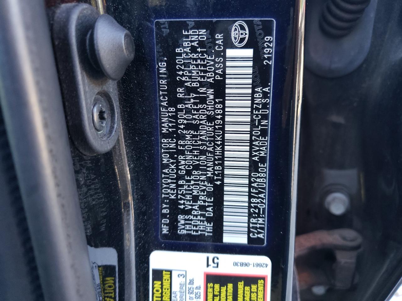 2019 Toyota Camry L VIN: 4T1B11HK4KU194881 Lot: 73210634