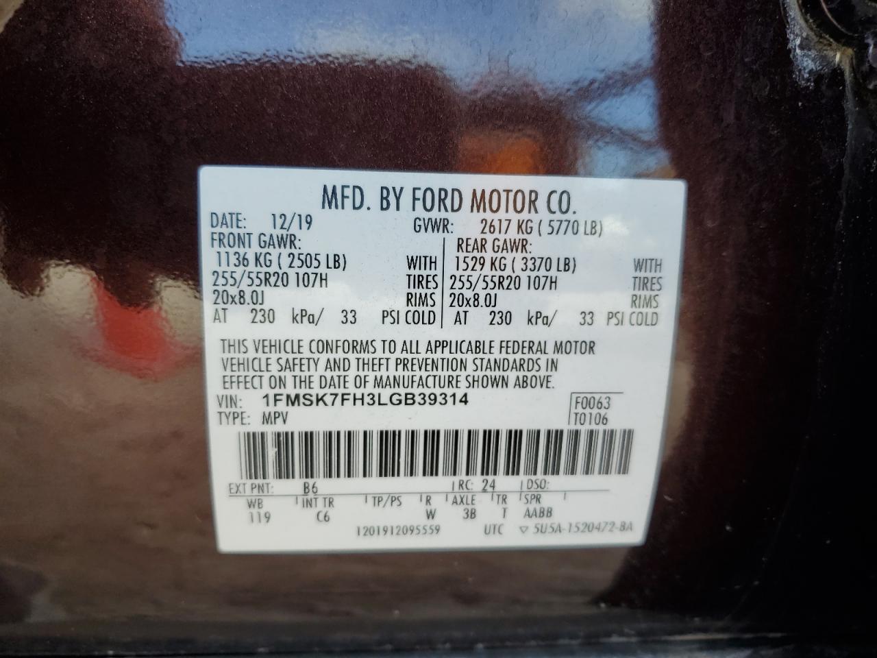 1FMSK7FH3LGB39314 2020 Ford Explorer Limited