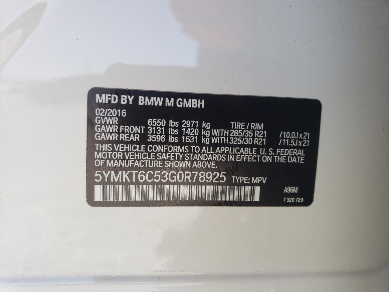 5YMKT6C53G0R78925 2016 BMW X5 M