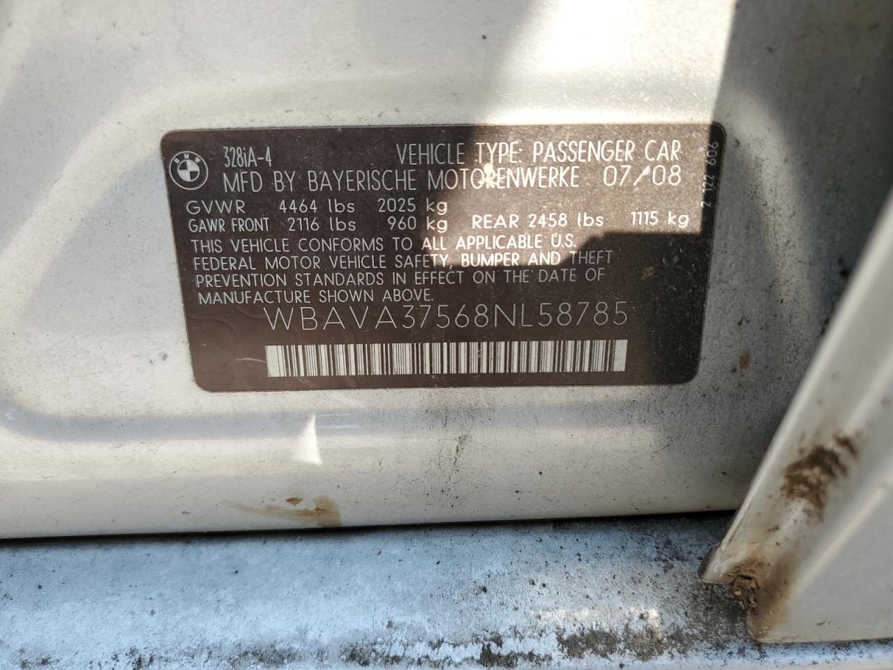 2008 BMW 328 I VIN: WBAVA37568NL58785 Lot: 74796734