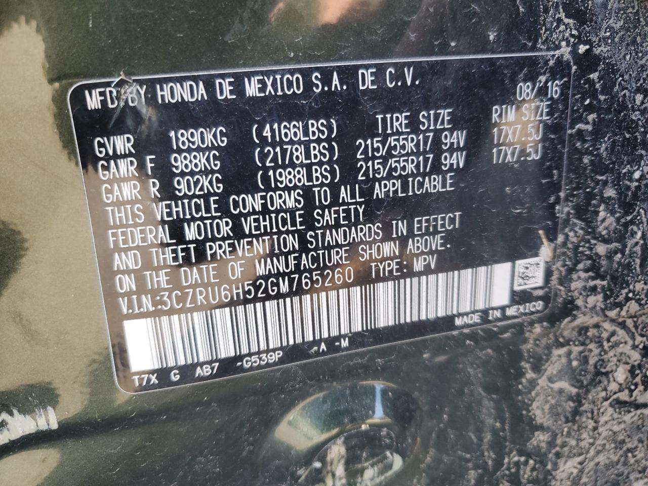 2016 Honda Hr-V Ex VIN: 3CZRU6H52GM765260 Lot: 74110064