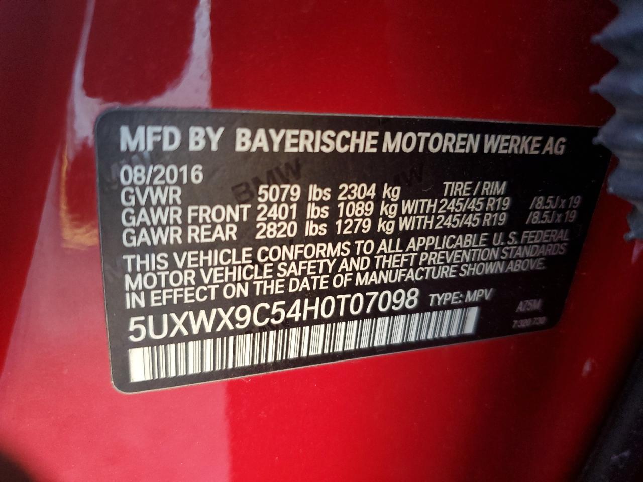 2017 BMW X3 xDrive28I VIN: 5UXWX9C54H0T07098 Lot: 76285534