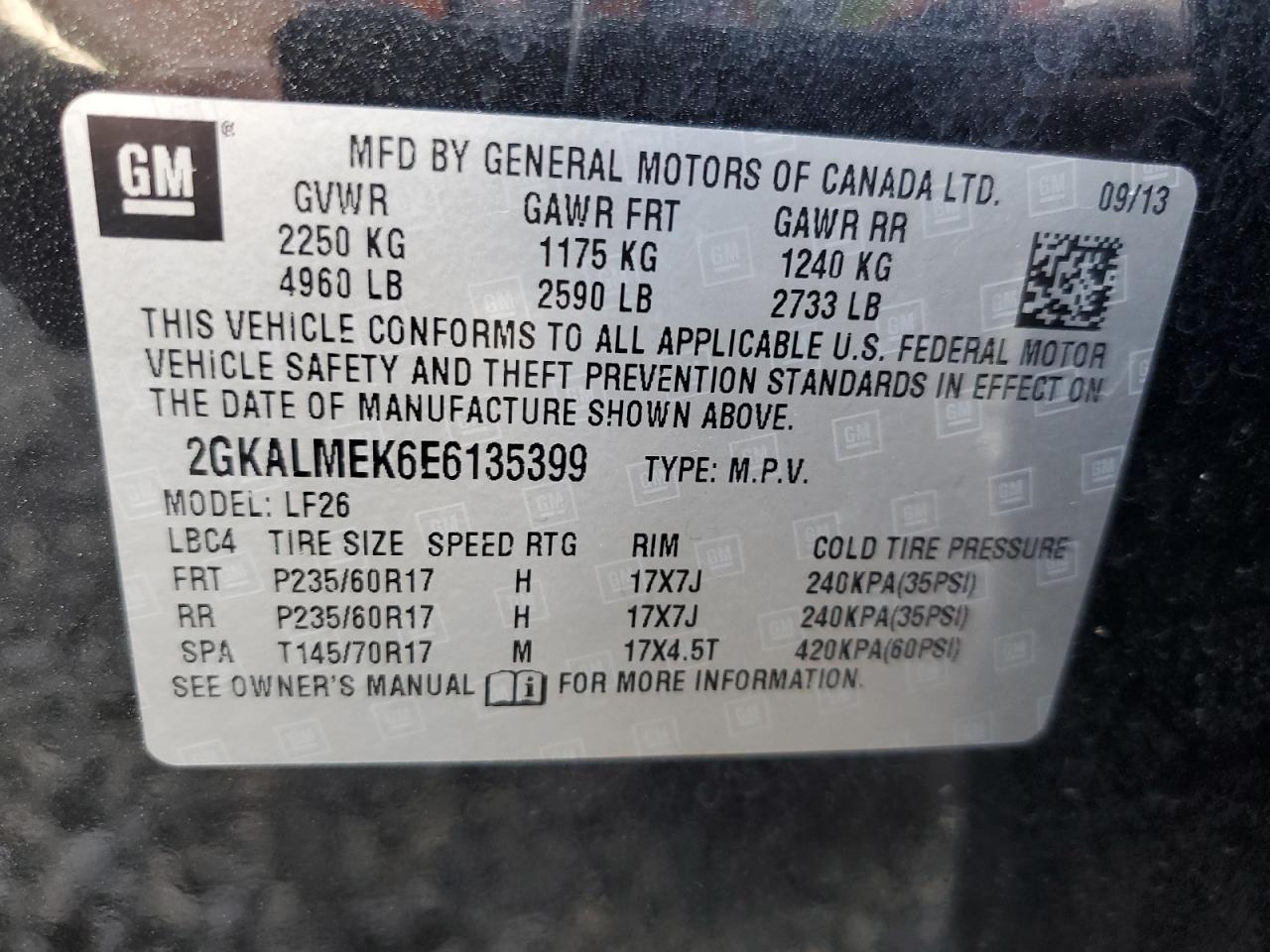 2014 GMC Terrain Sle VIN: 2GKALMEK6E6135399 Lot: 74562164