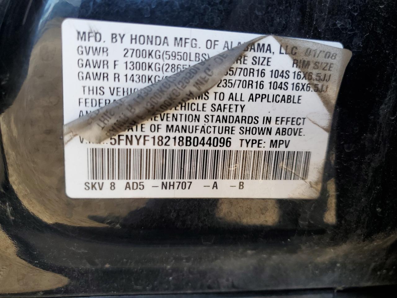 5FNYF18218B044096 2008 Honda Pilot Vp