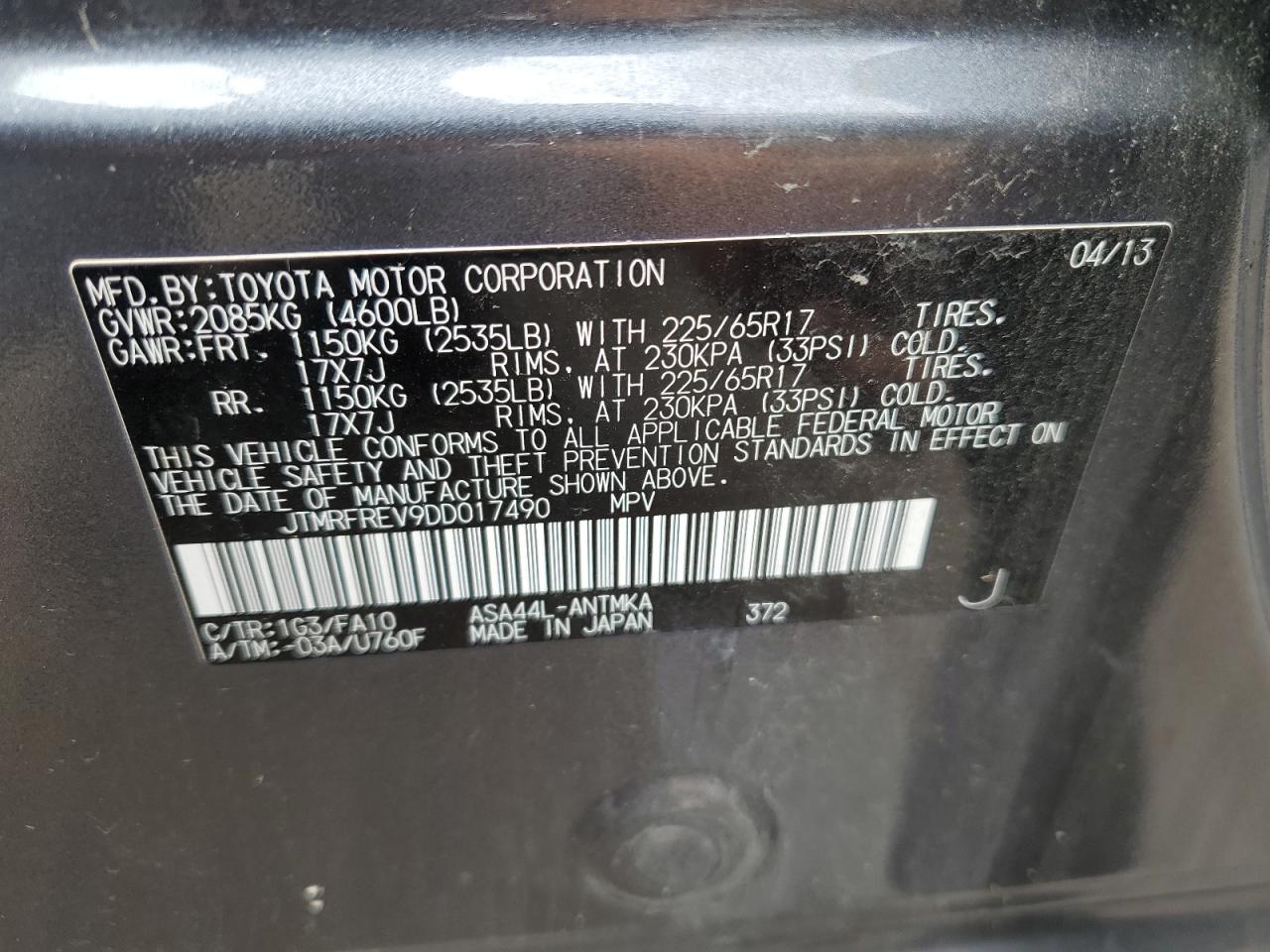 JTMRFREV9DD017490 2013 Toyota Rav4 Xle
