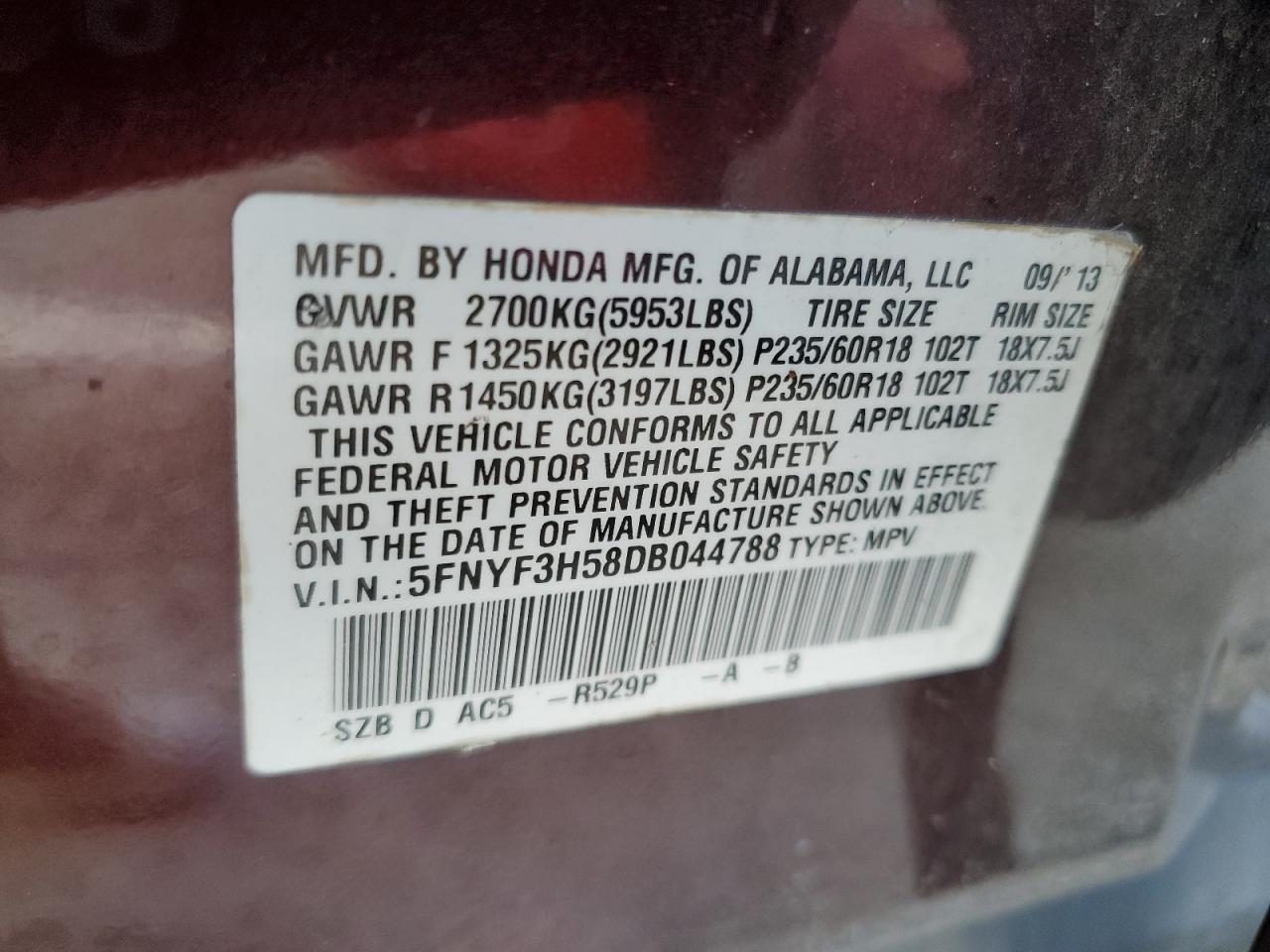 5FNYF3H58DB044788 2013 Honda Pilot Exl