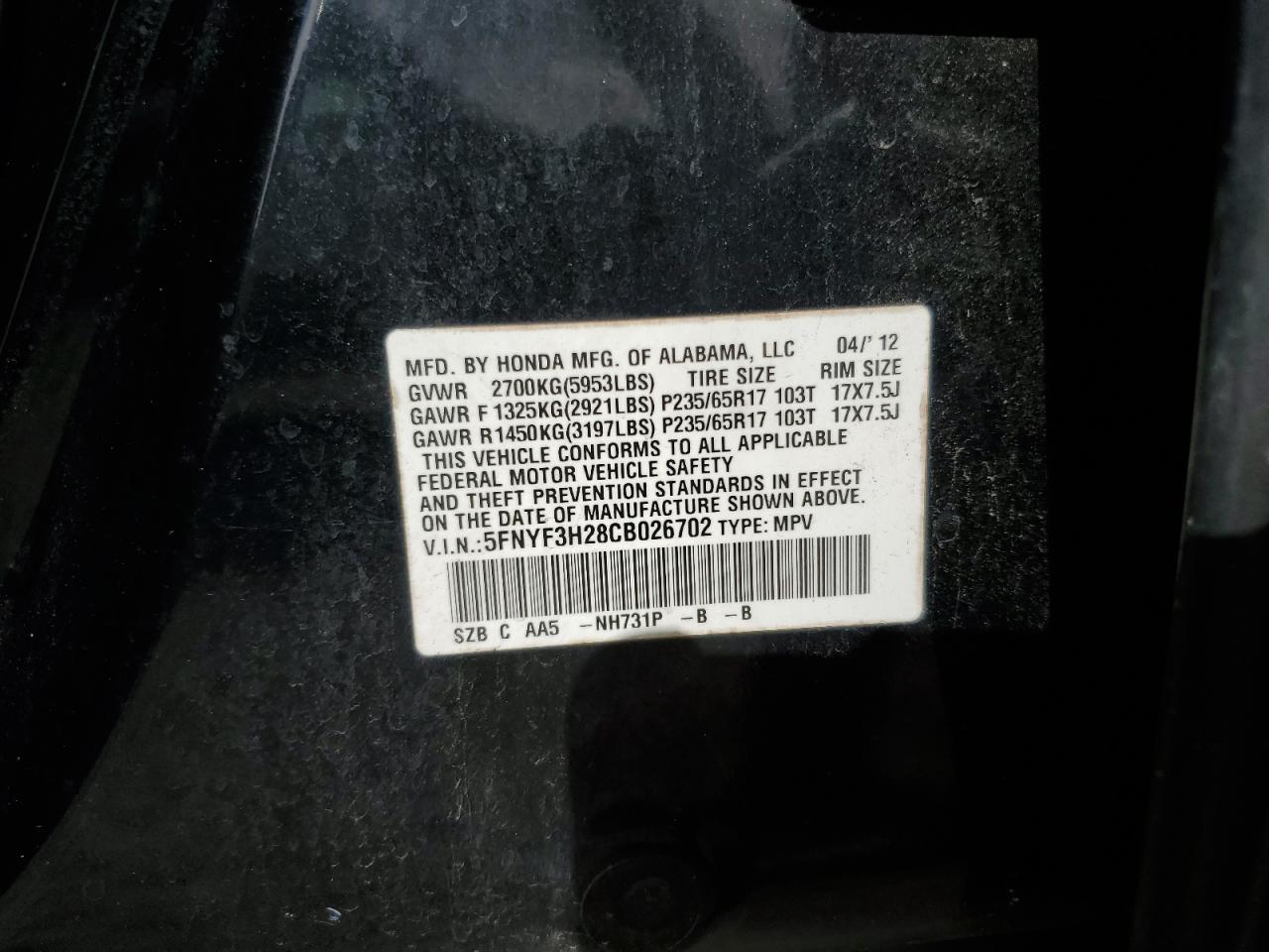 2012 Honda Pilot Lx VIN: 5FNYF3H28CB026702 Lot: 74444184