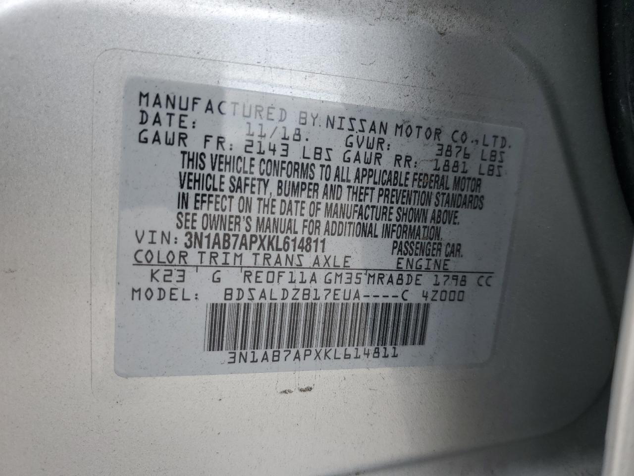 3N1AB7APXKL614811 2019 Nissan Sentra S