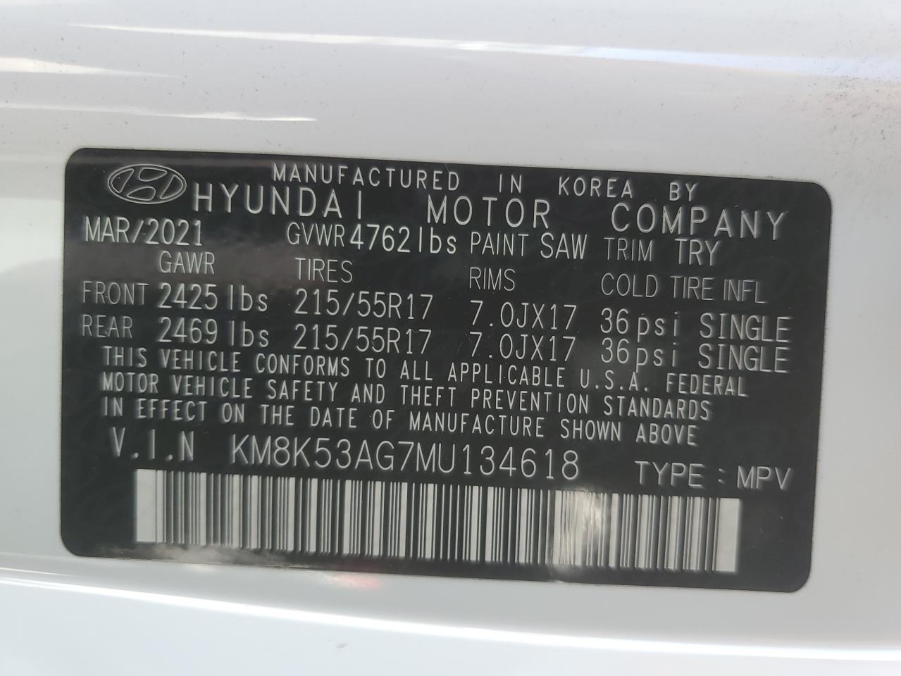 2021 Hyundai Kona Ultimate VIN: KM8K53AG7MU134618 Lot: 74820774