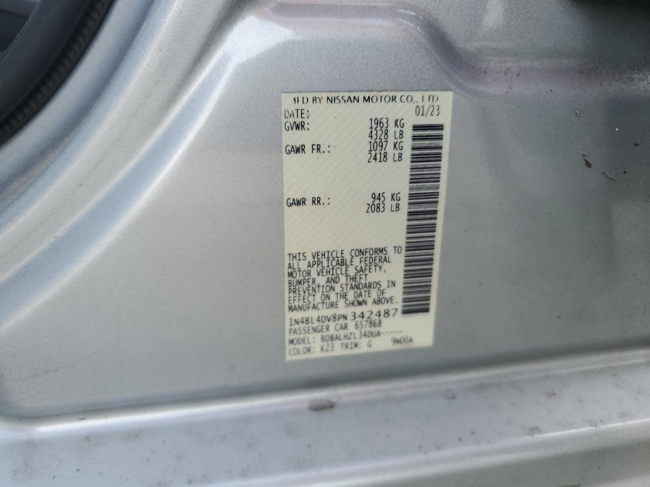 1N4BL4DV8PN342487 2023 Nissan Altima Sv