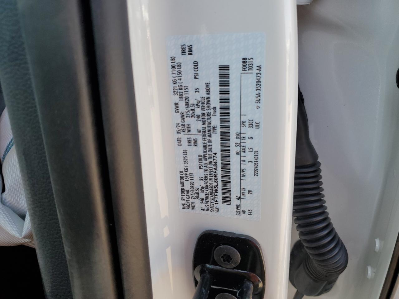 2024 Ford F150 Lariat VIN: 1FTFW5L80RFA84774 Lot: 74341754